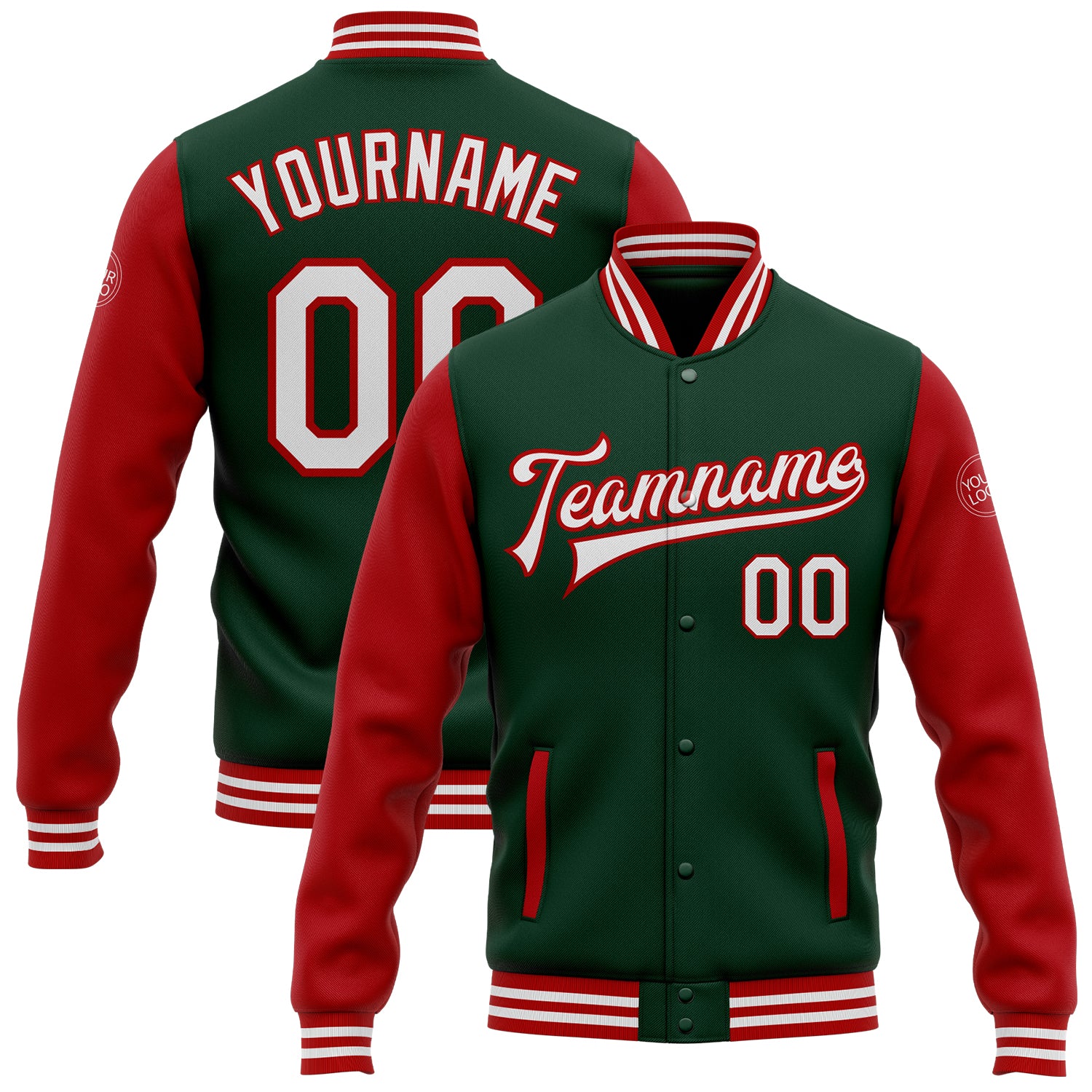 Customizable Bomber Varsity Letterman Jacket with Team Name and Number in Green, White, and Red - Full-Snap Two-Tone Design