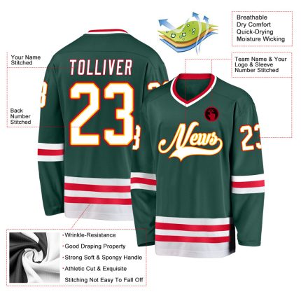 Custom Name and Number Personalized Hockey Jersey in Green White Red - Team Jersey Personalized Green White-Red Hockey Jersey