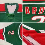 Custom Team Jersey with Personalized Name & Number in Green, White, and Red Hockey Lace Design Personalized Green White-Red