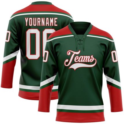Custom Team Jersey with Personalized Name & Number in Green, White, and Red Hockey Lace Design Personalized Green White-Red