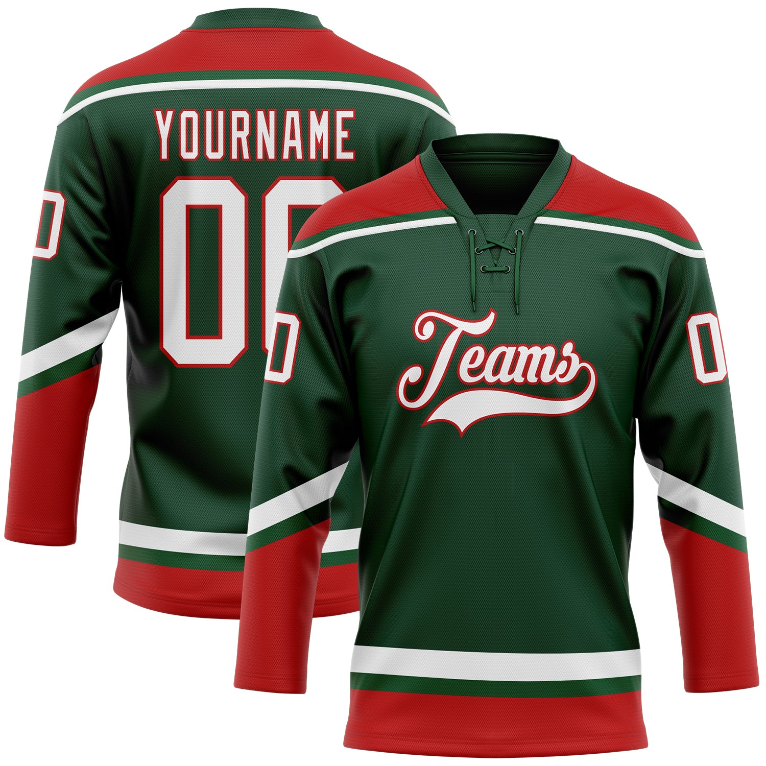 Custom Team Jersey with Personalized Name & Number in Green, White, and Red Hockey Lace Design Personalized Green White-Red