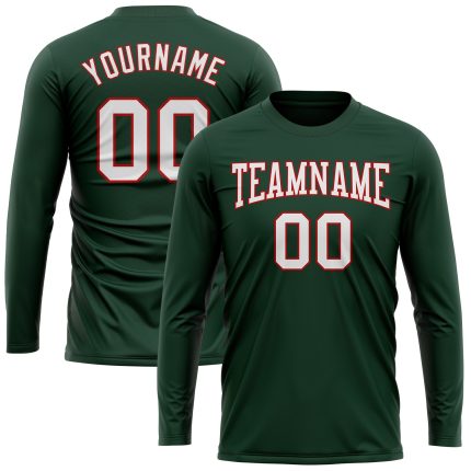 Custom Team Name and Number Long Sleeve Performance T-Shirt - Personalized Green White Red Personalized Green White-Red Long