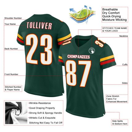 Custom Authentic Football Jersey with Personalized Name and Number - Green White-Red Mesh Team Design Personalized Green