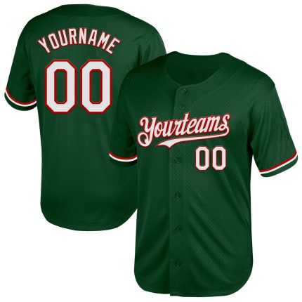 Custom Throwback Baseball Jersey - Personalized Green White-Red Mesh with Name & Number Personalized Green White-Red Mesh