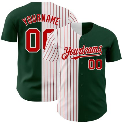 Custom Name & Number Personalized Green White Red Pinstripe Baseball Jersey - Authentic Split Fashion Team Gear Personalized
