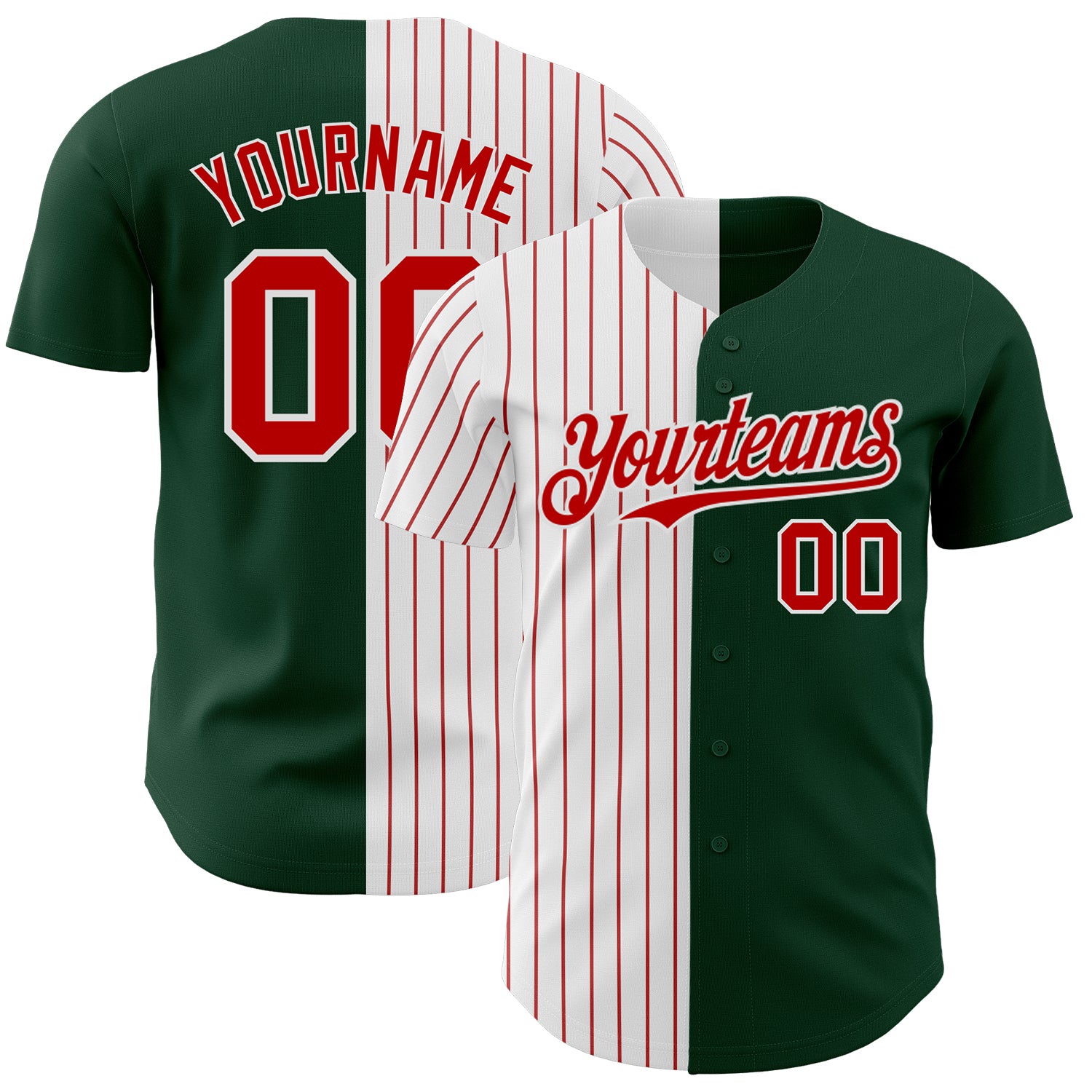 Custom Name & Number Personalized Green White Red Pinstripe Baseball Jersey - Authentic Split Fashion Team Gear Personalized