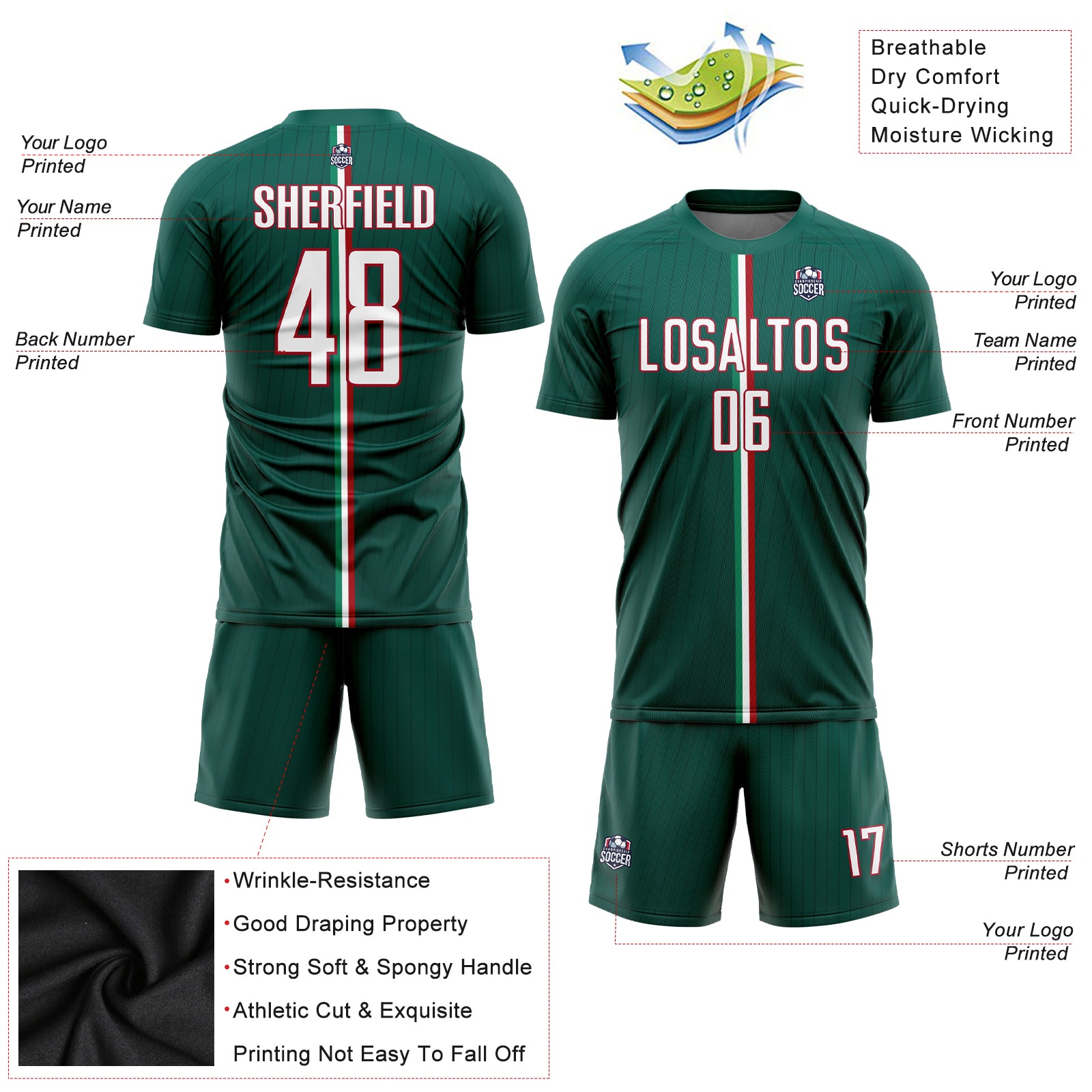 Personalized Green White-Red Sublimation Mexico Soccer Uniform Jersey Team Custom Name and Number Personalized Mexico Soccer Jersey with Custom Name and Number - Green White-Red Sublimation Uniform Personalized Green White-Red - Image 3