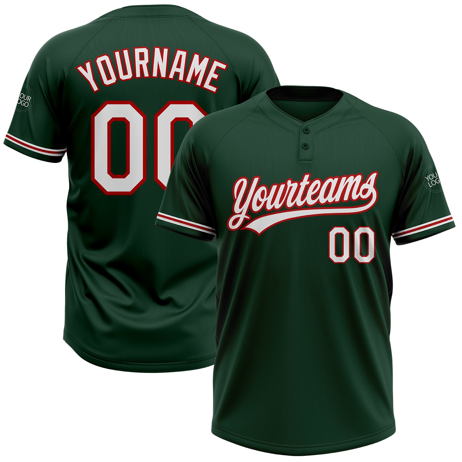 Custom Team Softball Jersey Unisex, Personalized Green White-Red, Two-Button with Name and Number Personalized Green White-Red