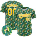 Custom Name and Number Baseball Jersey with Flamingo and Hawaii Palm Leaves, Green White-Yellow 3D Pattern Design Personalized
