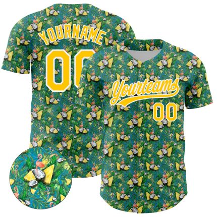 Custom Name and Number Baseball Jersey with Flamingo and Hawaii Palm Leaves, Green White-Yellow 3D Pattern Design Personalized