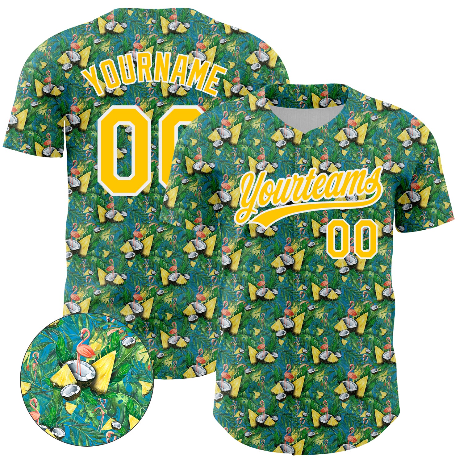 Custom Name and Number Baseball Jersey with Flamingo and Hawaii Palm Leaves, Green White-Yellow 3D Pattern Design Personalized