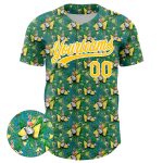 Custom Name and Number Baseball Jersey with Flamingo and Hawaii Palm Leaves, Green White-Yellow 3D Pattern Design Personalized