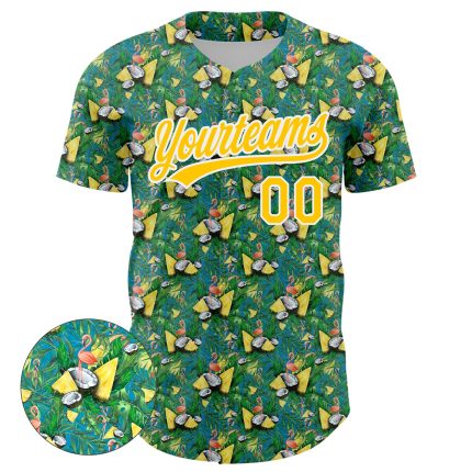 Custom Name and Number Baseball Jersey with Flamingo and Hawaii Palm Leaves, Green White-Yellow 3D Pattern Design Personalized