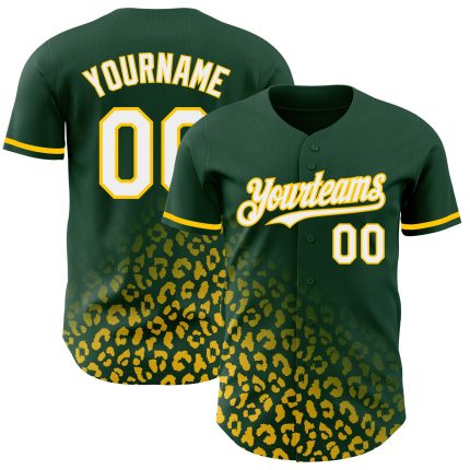 Custom Leopard Print Baseball Jersey with Personalized Name and Number - Green White-Yellow 3D Pattern Design Personalized