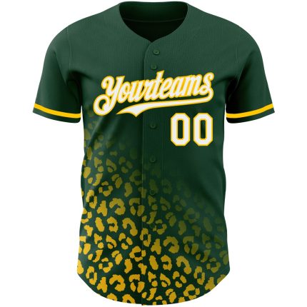 Custom Leopard Print Baseball Jersey with Personalized Name and Number - Green White-Yellow 3D Pattern Design Personalized