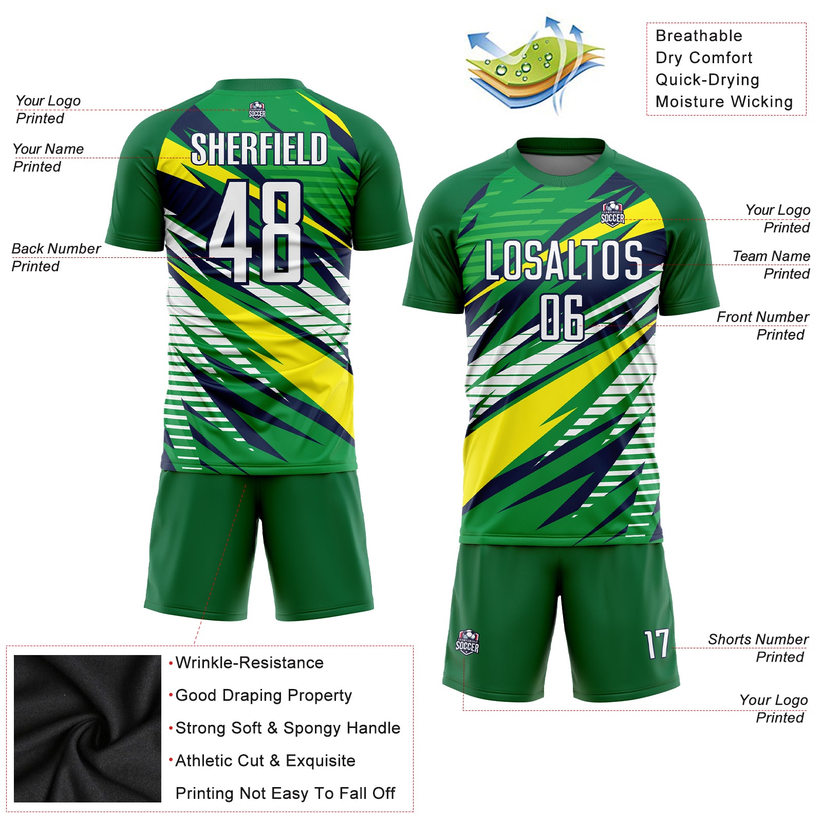Personalized Green White Yellow-Navy Sublimation Soccer Uniform Jersey Team Custom Name and Number Custom Sublimation Soccer Jersey with Personalized Name & Number - Green White Yellow-Navy Team Uniform Personalized Green - Image 3