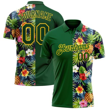 Personalized Tropical Pattern Golf Polo Shirt with Pineapples, Palm Leaves, Flowers - Custom Name & Number - Performance Wear
