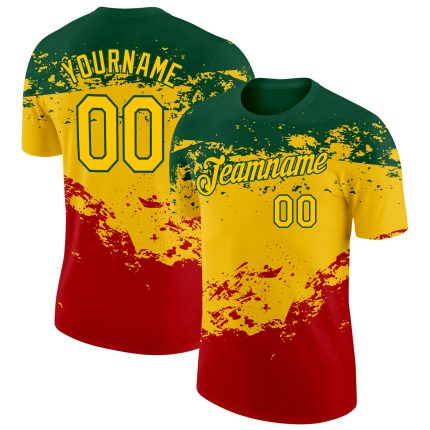 Custom Black History Month Performance T-Shirt with 3D Green Yellow-Red Pattern, Team Name & Number Personalized Green Yellow-Red