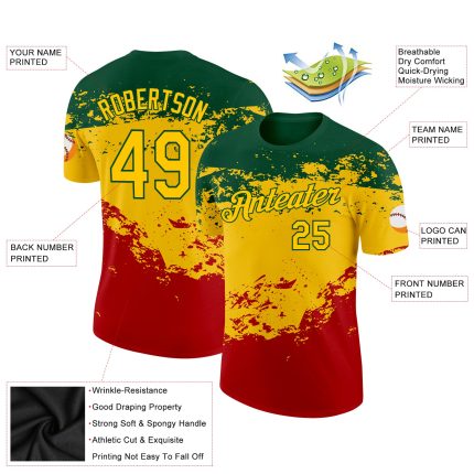 Custom Black History Month Performance T-Shirt with 3D Green Yellow-Red Pattern, Team Name & Number Personalized Green Yellow-Red