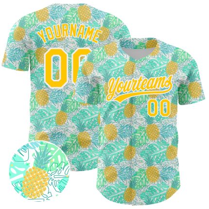 Custom Name and Number 3D Pineapple Design Baseball Jersey - Personalized Green Yellow-White Team Apparel Personalized Green