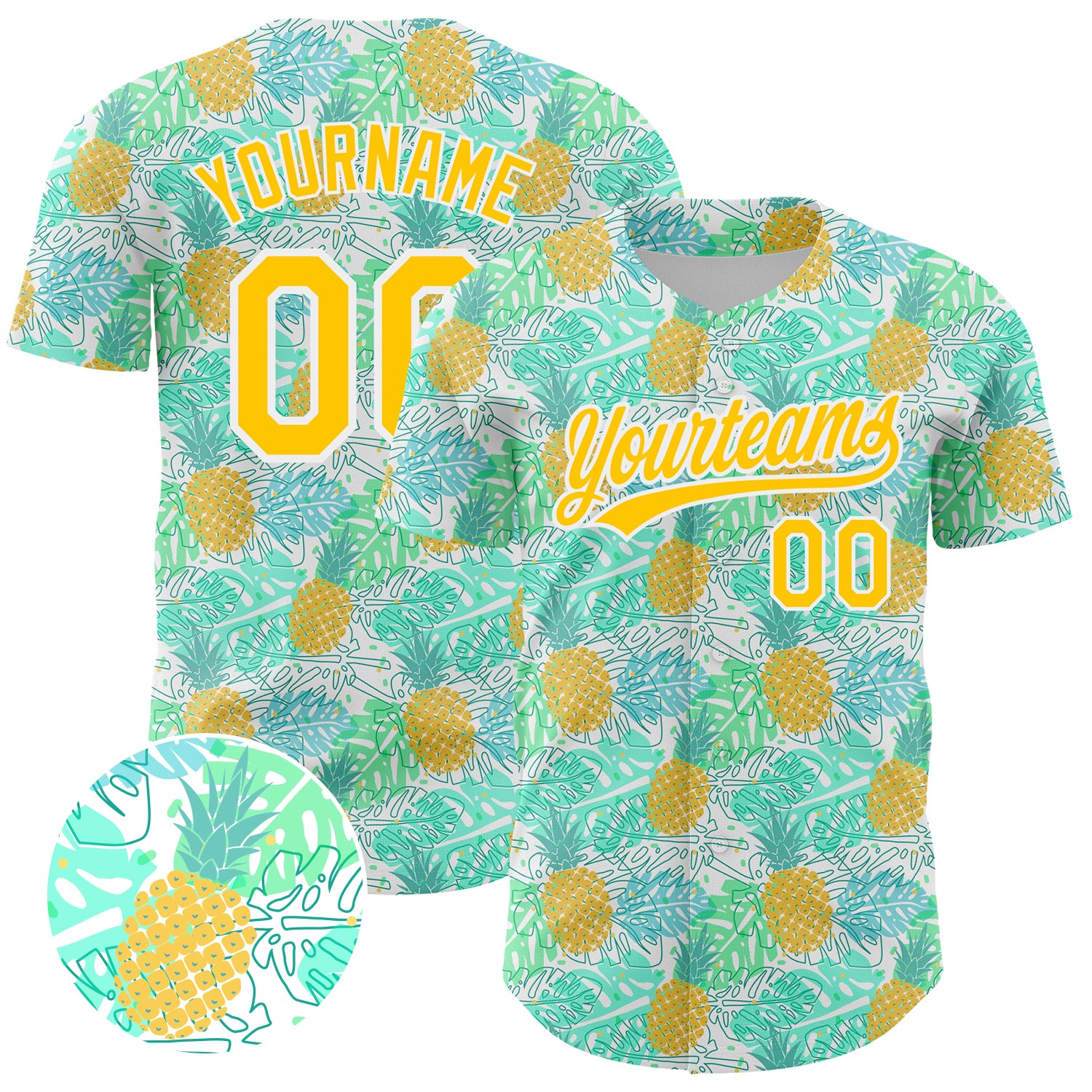Custom Name and Number 3D Pineapple Design Baseball Jersey - Personalized Green Yellow-White Team Apparel Personalized Green
