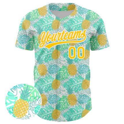 Custom Name and Number 3D Pineapple Design Baseball Jersey - Personalized Green Yellow-White Team Apparel Personalized Green