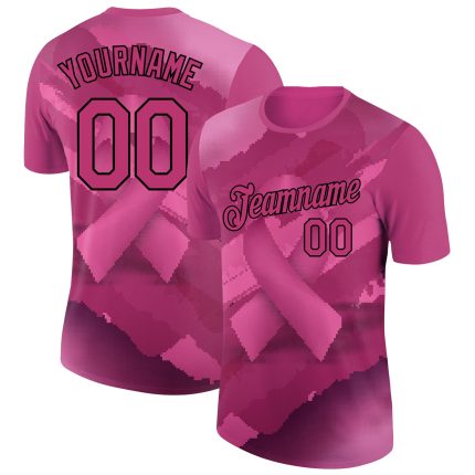 Custom Team Name Number 3D Pink Ribbon Breast Cancer Performance T-Shirt - Personalized Hot Pink Black Design Personalized