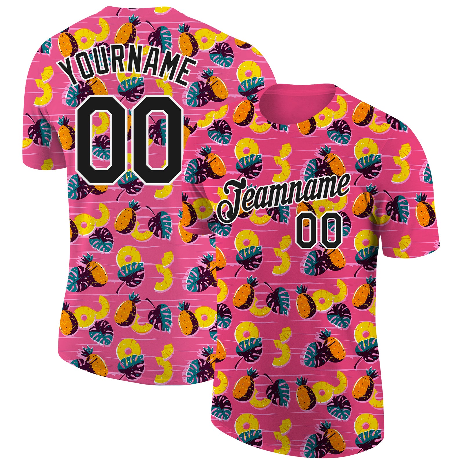 Personalized Hawaii Tropical Palm Leaves Pineapple T-Shirt for Team Custom Name & Number - Hot Pink Black White 3D Pattern
