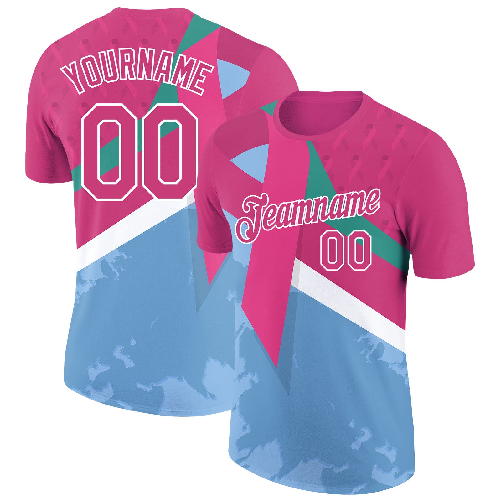 Hot Pink Breast Cancer 3D Ribbon T-Shirt Custom Name & Number Performance Tee Personalized Hot Pink Light Blue-White 3D Pink