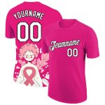 Custom Team Name and Number 3D Pink Ribbon Breast Cancer T-Shirt - Personalized Hot Pink and Black Performance Shirt Personalized