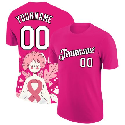 Custom Team Name and Number 3D Pink Ribbon Breast Cancer T-Shirt - Personalized Hot Pink and Black Performance Shirt Personalized