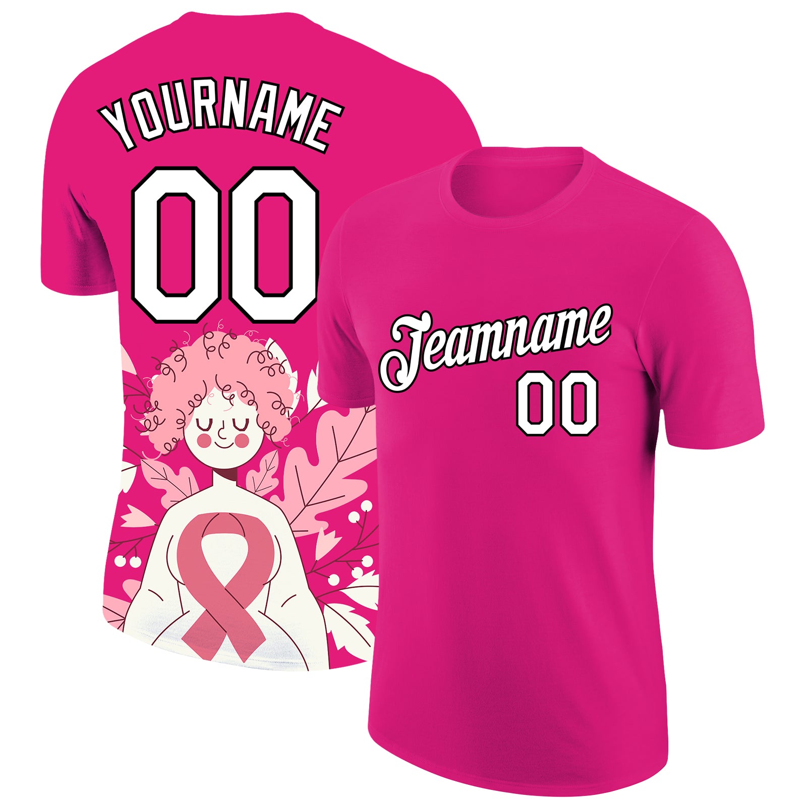 Custom Team Name and Number 3D Pink Ribbon Breast Cancer T-Shirt - Personalized Hot Pink and Black Performance Shirt Personalized