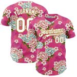 Custom Name and Number Baseball Jersey with Hot Pink White Gold 3D Pattern, Northeast China Big Flower Design Personalized