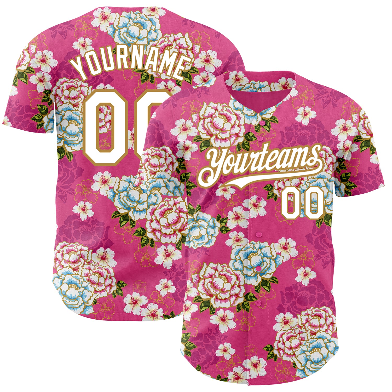 Custom Name and Number Baseball Jersey with Hot Pink White Gold 3D Pattern, Northeast China Big Flower Design Personalized