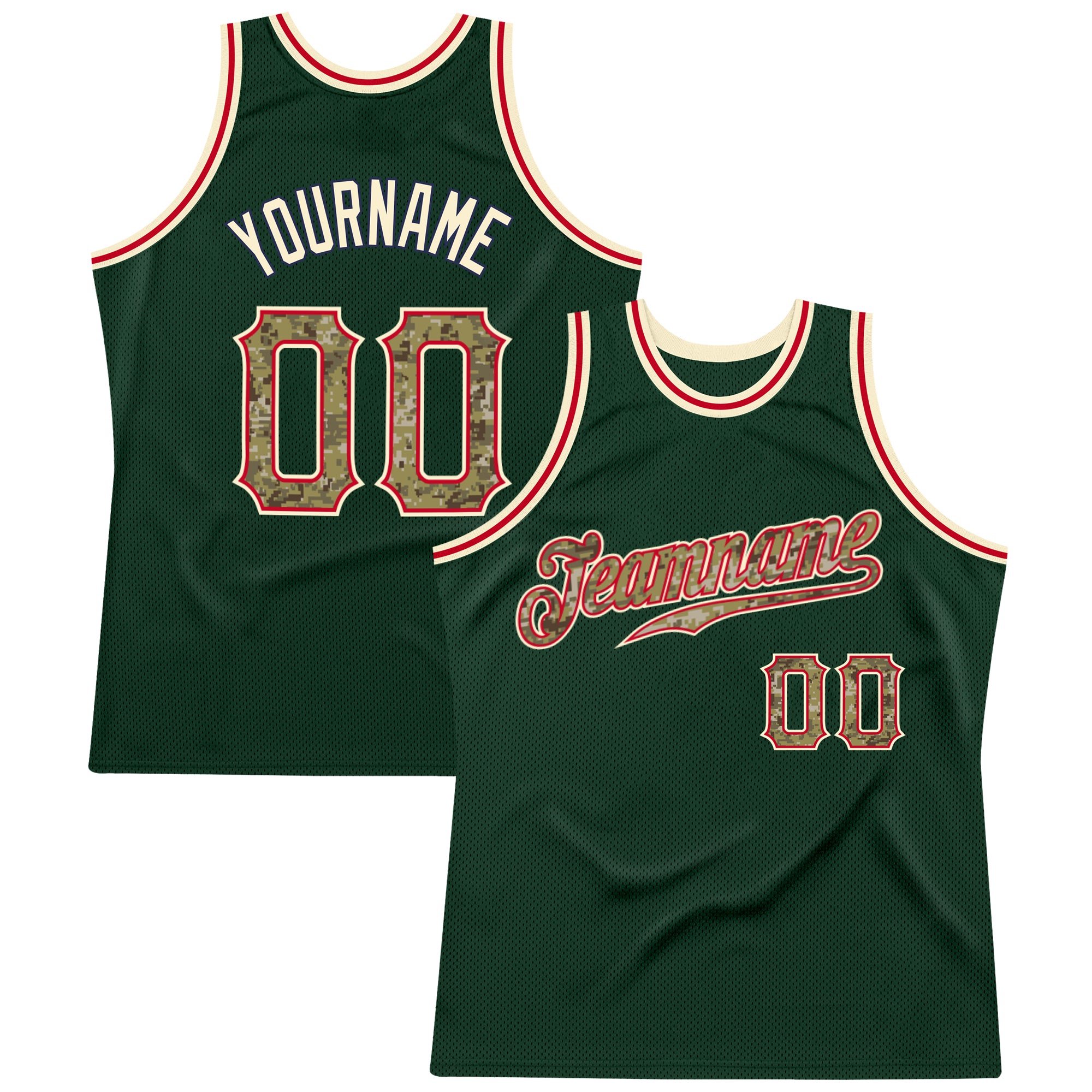 Custom Hunter Green Camo Cream Basketball Jersey with Team Name and Number - Authentic Throwback Style Personalized Hunter