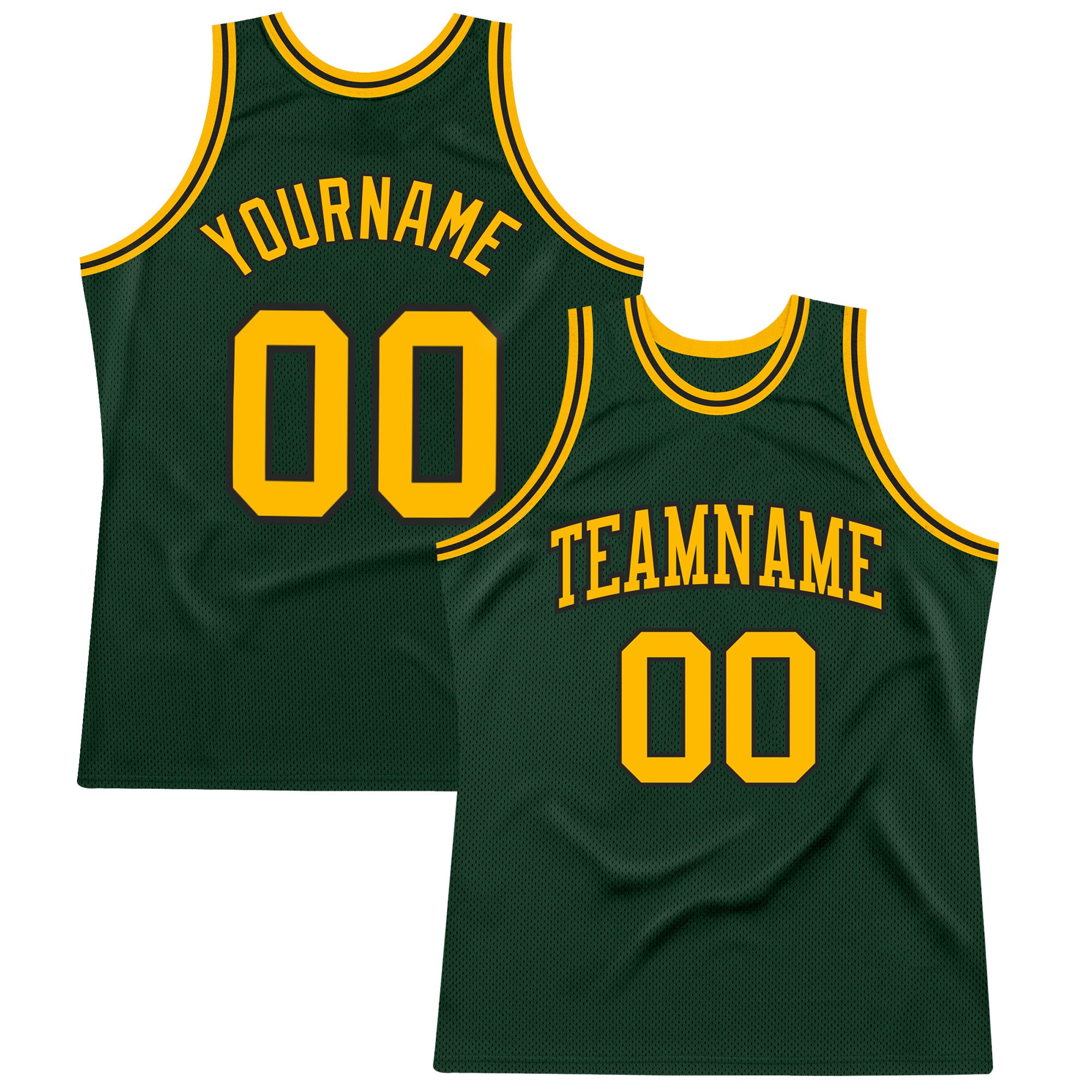 Custom Team Basketball Jersey - Personalized Hunter Green with Gold & Black, Authentic Throwback Style, Custom Name & Number