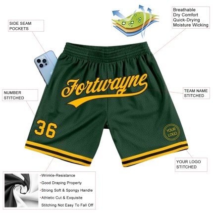 Custom Name Number Authentic Throwback Basketball Shorts - Hunter Green Gold Black Personalized Hunter Green Gold-Black Authentic