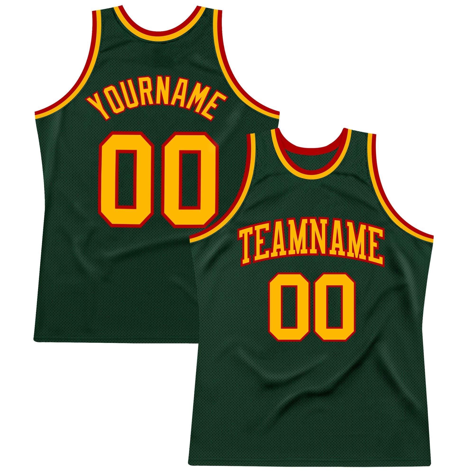 Custom Name and Number Authentic Throwback Basketball Jersey - Personalized Hunter Green with Gold and Red Accents Personalized