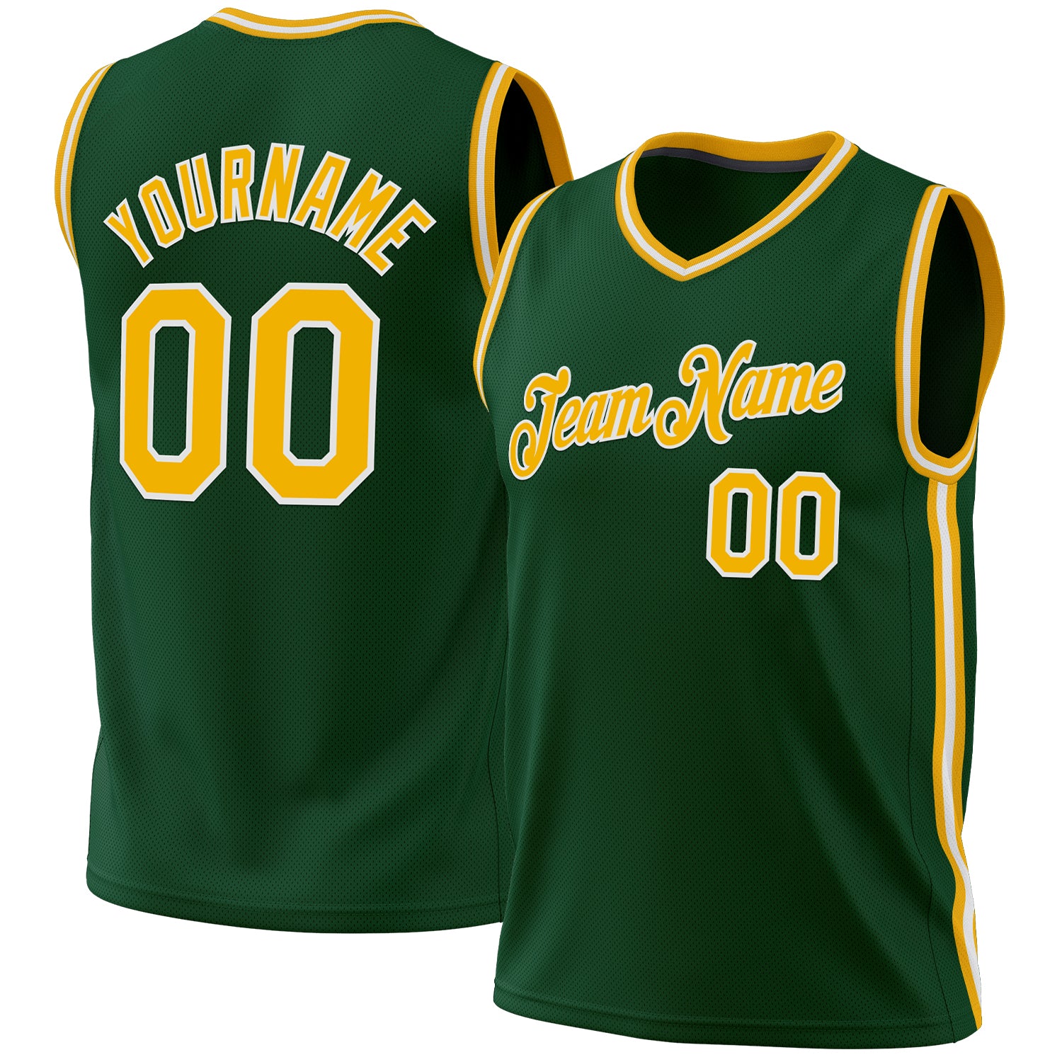 Personalized Authentic Basketball Jersey in Hunter Green with Gold-White Details, Throwback Style Personalized Hunter Green