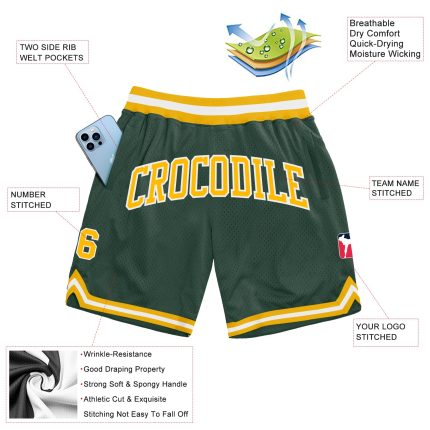 Custom Name and Number Basketball Shorts - Authentic Throwback in Hunter Green, Gold, and White Personalized Hunter Green