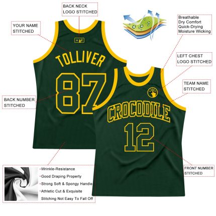 Custom Personalized Hunter Green and Gold Basketball Jersey with Name and Number - Authentic Throwback Style Personalized