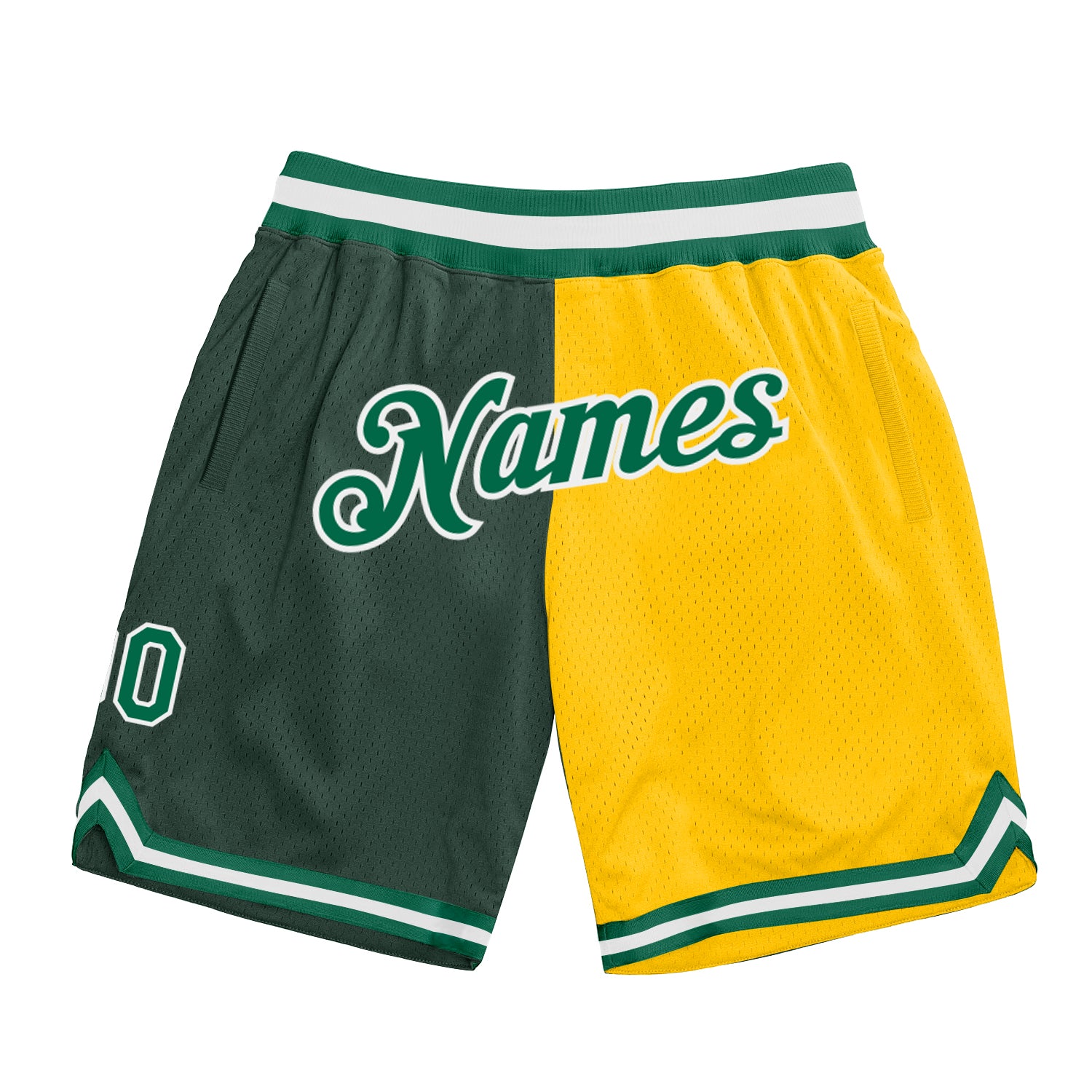 Customizable Basketball Shorts Team Colors Hunter Green Kelly Green Gold with Name and Number Authentic Throwback Style Personalized