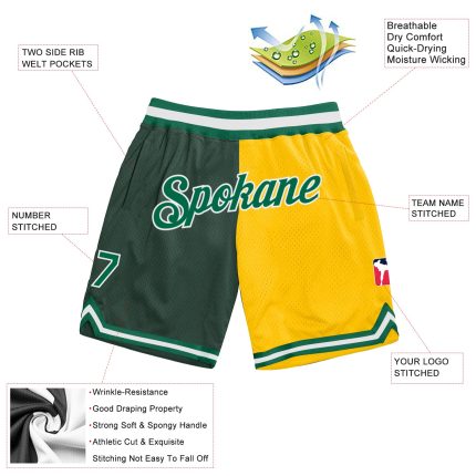 Customizable Basketball Shorts Team Colors Hunter Green Kelly Green Gold with Name and Number Authentic Throwback Style Personalized