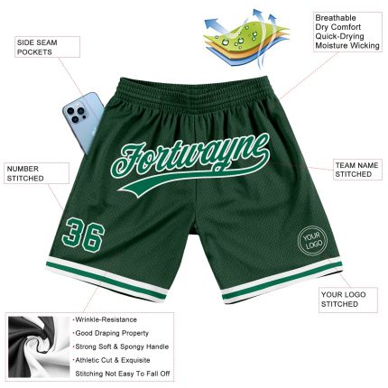 Personalized Hunter Green and Kelly Green Authentic Throwback Basketball Shorts Personalized Hunter Green Kelly Green-White