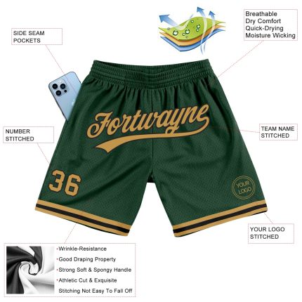 Custom Team Name and Number Basketball Shorts - Personalized Hunter Green and Old Gold-Black Authentic Throwback Style Personalized