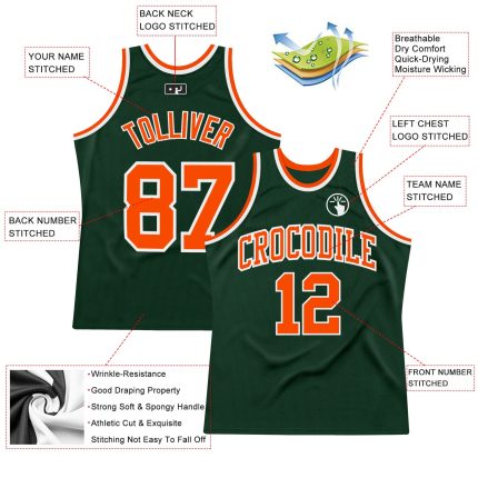 Personalized Throwback Basketball Jersey - Hunter Green with Orange-White Details Personalized Hunter Green Orange-White