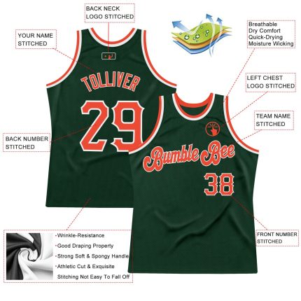 Custom Hunter Green Orange-White Authentic Basketball Jersey with Name and Number - Personalized Team Apparel Personalized