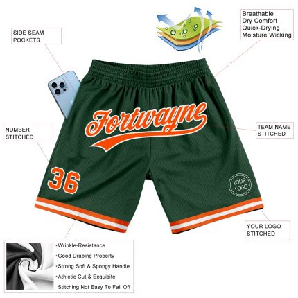 Personalized Authentic Basketball Shorts in Hunter Green with Orange and White - Throwback Style Personalized Hunter Green