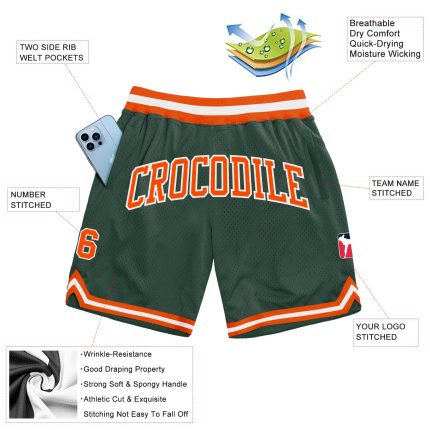 Custom Name and Number Basketball Shorts - Authentic Throwback in Hunter Green, Orange, and White Personalized Hunter Green