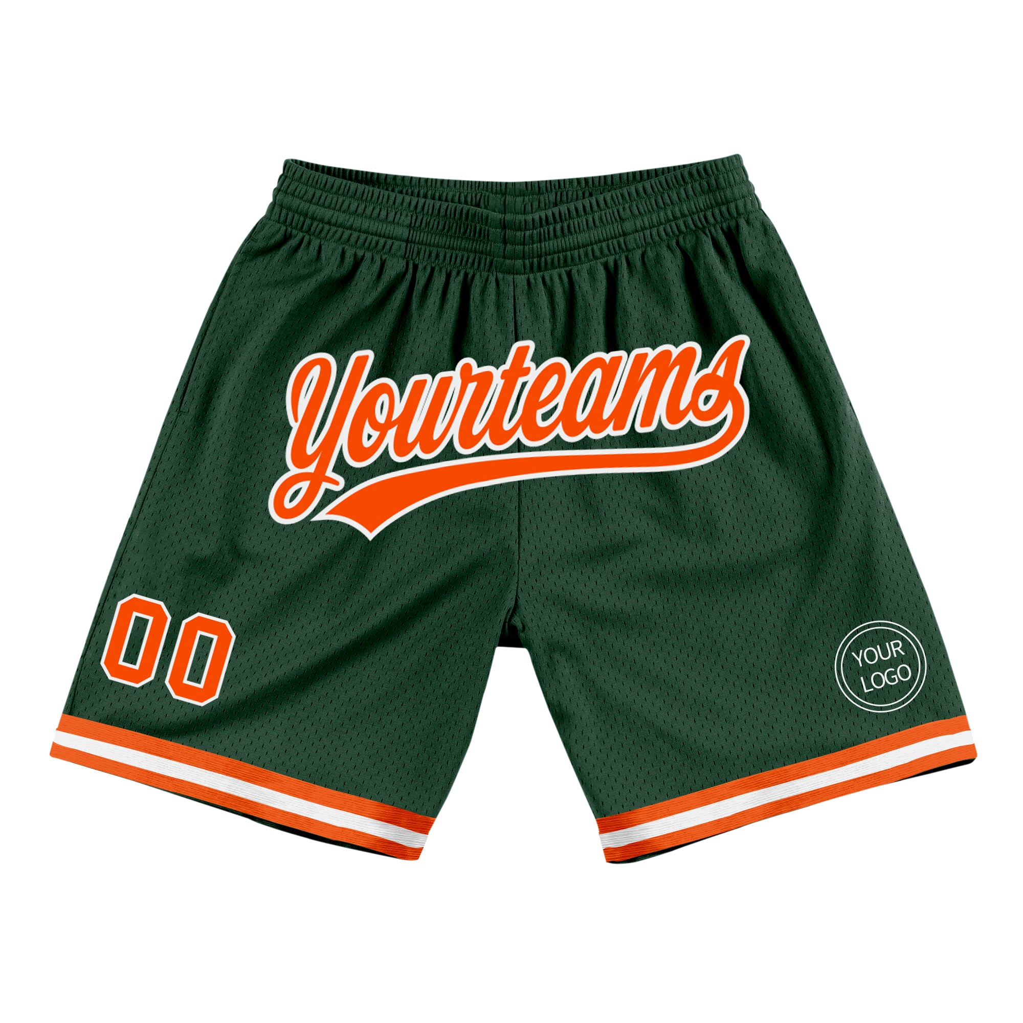 Personalized Authentic Basketball Shorts in Hunter Green with Orange and White - Throwback Style Personalized Hunter Green